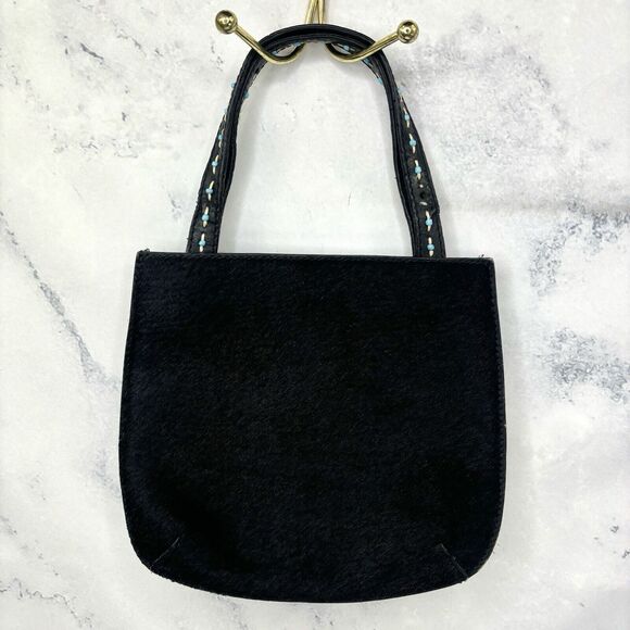 Vintage y2k 90s Fossil Black Leather handbag Purse southwest grunge pony hair - Picture 2 of 16